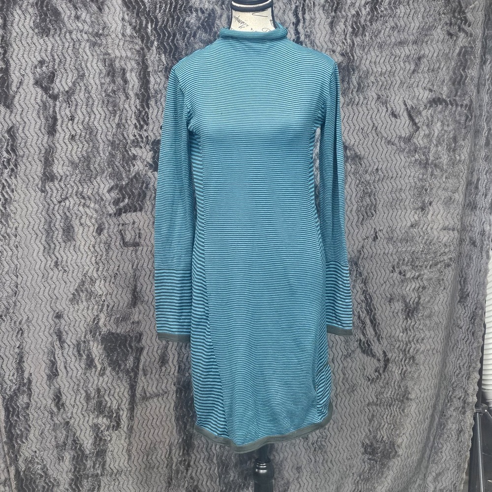 Title Nine Travel Dress Sz XS Blue Striped LS Pocket Roll Neck Pickleball Tennis
